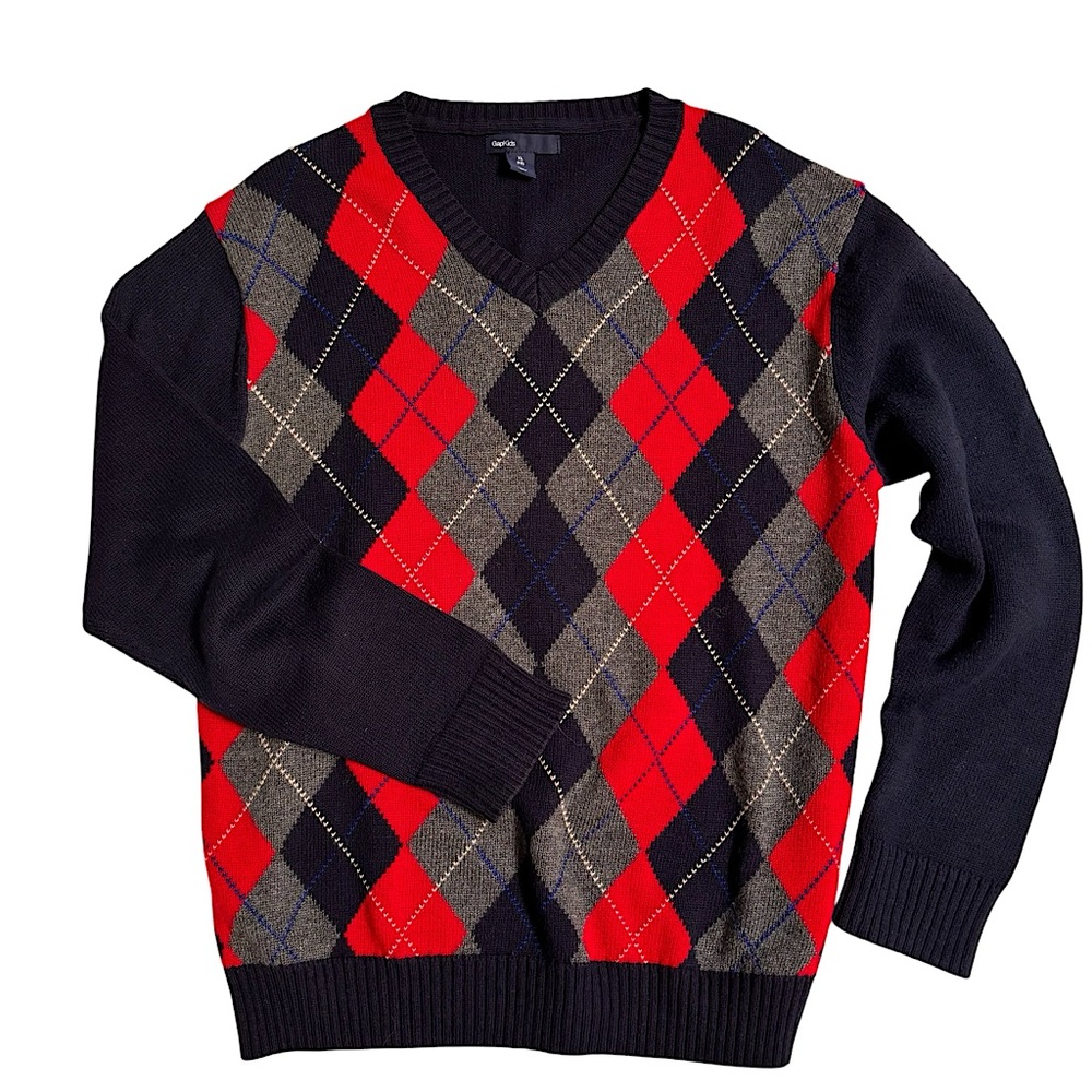 Gap Kids Classic Argyle V-Neck Sweater - Navy, Red + Gray